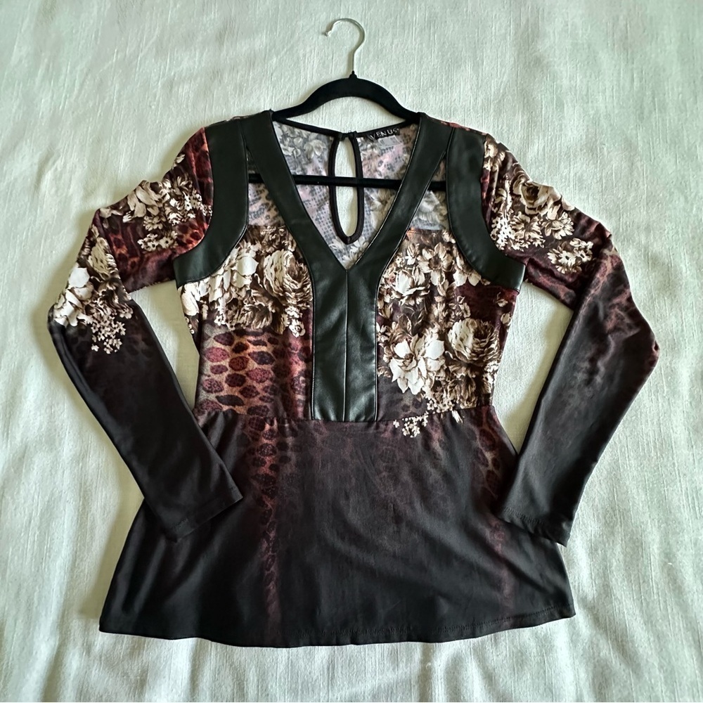 Y2K Womens S Dark Floral Animal Print Faux Leather V-Neck Top Whimsigoth Grunge